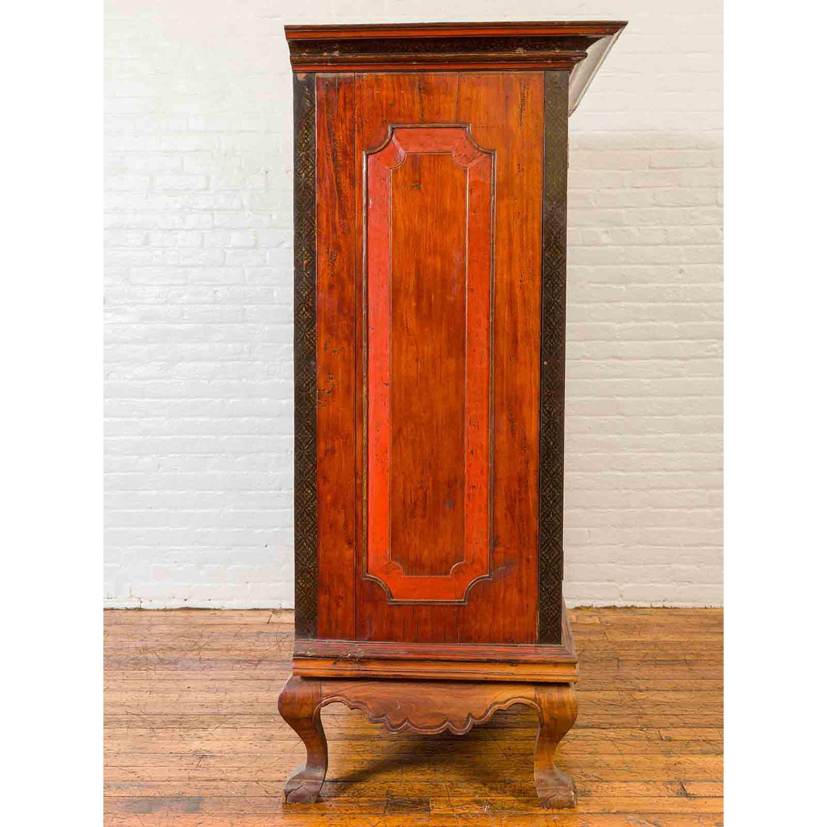 Dutch Colonial Antique Lacquered Wood Cabinet with Glass Doors and Cabriole Legs-8. Asian & Chinese Furniture, Art, Antiques, Vintage Home Décor for sale at FEA Home