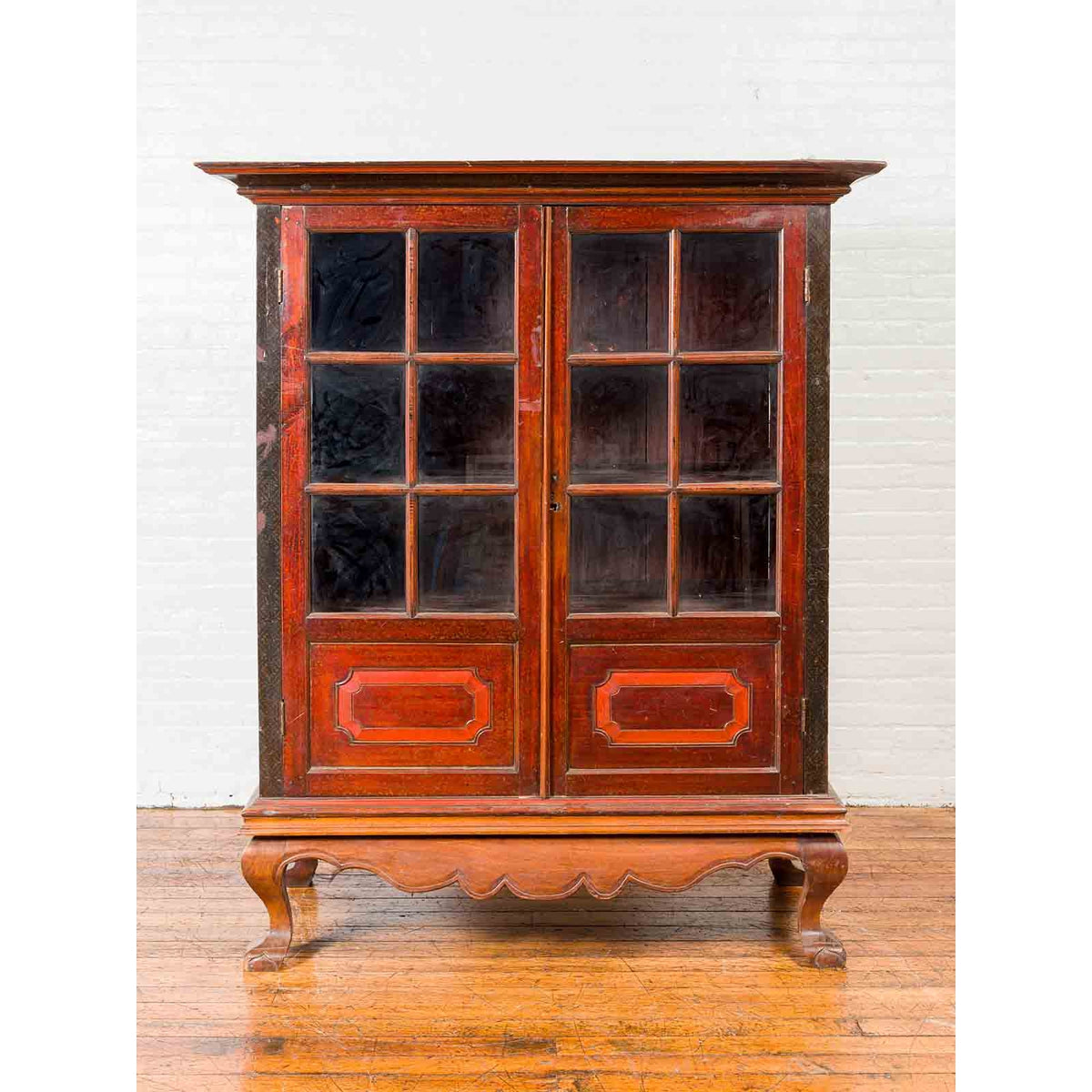 Dutch Colonial Antique Lacquered Wood Cabinet with Glass Doors and Cabriole Legs-3. Asian & Chinese Furniture, Art, Antiques, Vintage Home Décor for sale at FEA Home