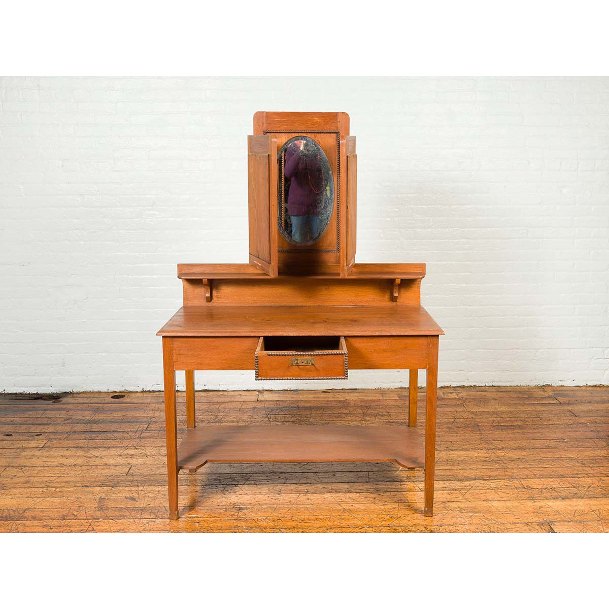 Vintage Woman's Vanity with Mirrored Panels, Single Drawer and Lower Shelf-4. Asian & Chinese Furniture, Art, Antiques, Vintage Home Décor for sale at FEA Home