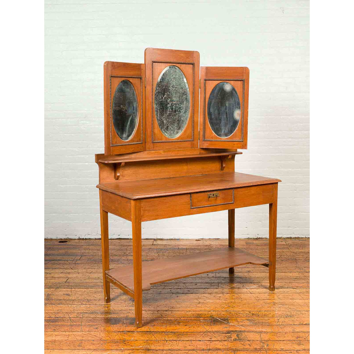 Vintage Woman's Vanity with Mirrored Panels, Single Drawer and Lower Shelf-3. Asian & Chinese Furniture, Art, Antiques, Vintage Home Décor for sale at FEA Home