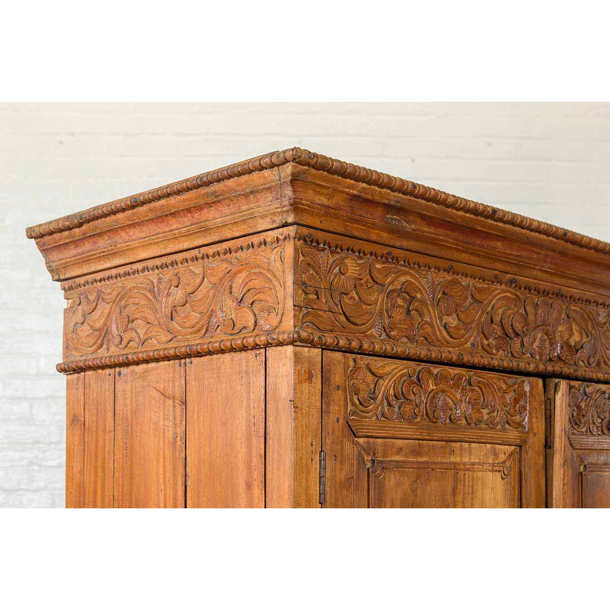 Indian 19th Century Tall Cabinet with Carved Scrolling Foliage and Beaded Motifs-8. Asian & Chinese Furniture, Art, Antiques, Vintage Home Décor for sale at FEA Home