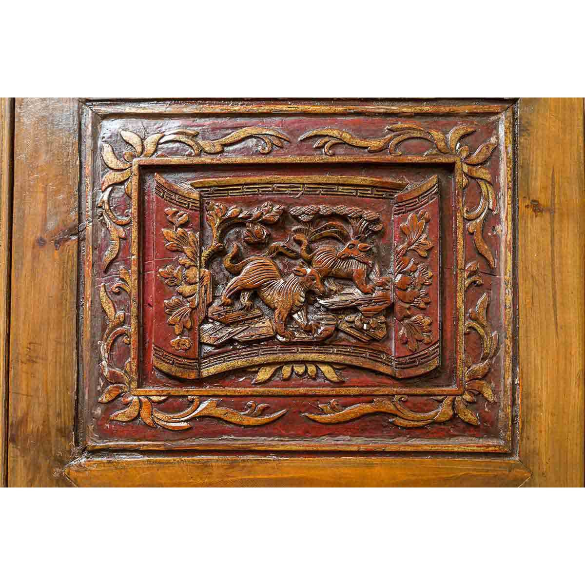 Large Chinese Qing Elm Armoire with Carved Motifs and Red Lacquered Accents-9. Asian & Chinese Furniture, Art, Antiques, Vintage Home Décor for sale at FEA Home