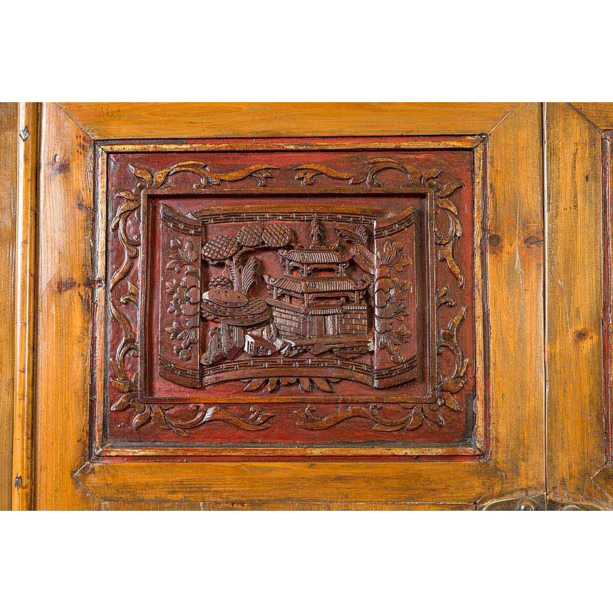 Large Chinese Qing Elm Armoire with Carved Motifs and Red Lacquered Accents-10. Asian & Chinese Furniture, Art, Antiques, Vintage Home Décor for sale at FEA Home