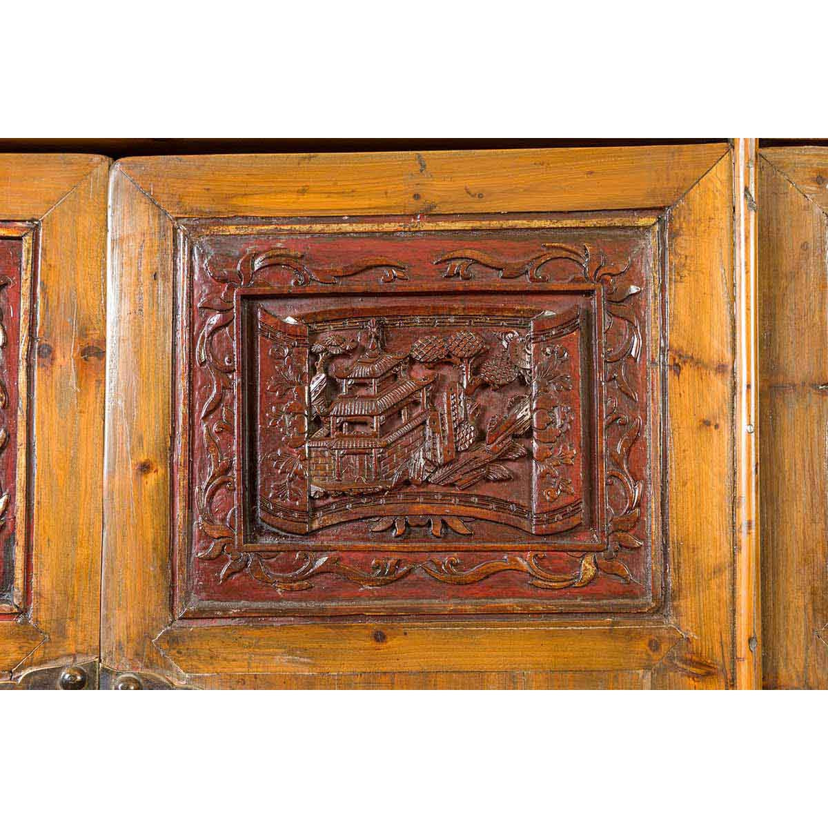 Large Chinese Qing Elm Armoire with Carved Motifs and Red Lacquered Accents-12. Asian & Chinese Furniture, Art, Antiques, Vintage Home Décor for sale at FEA Home