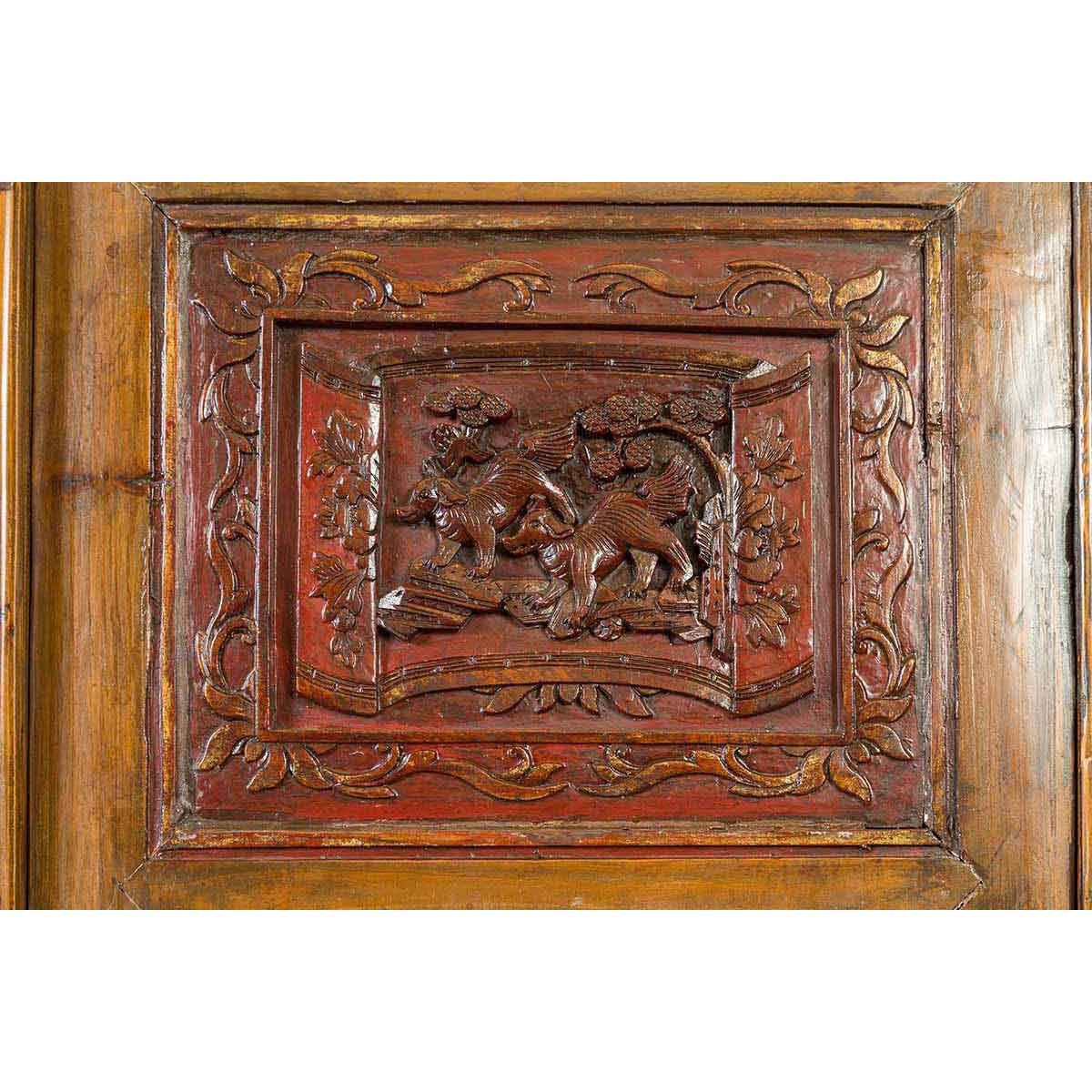 Large Chinese Qing Elm Armoire with Carved Motifs and Red Lacquered Accents-11. Asian & Chinese Furniture, Art, Antiques, Vintage Home Décor for sale at FEA Home