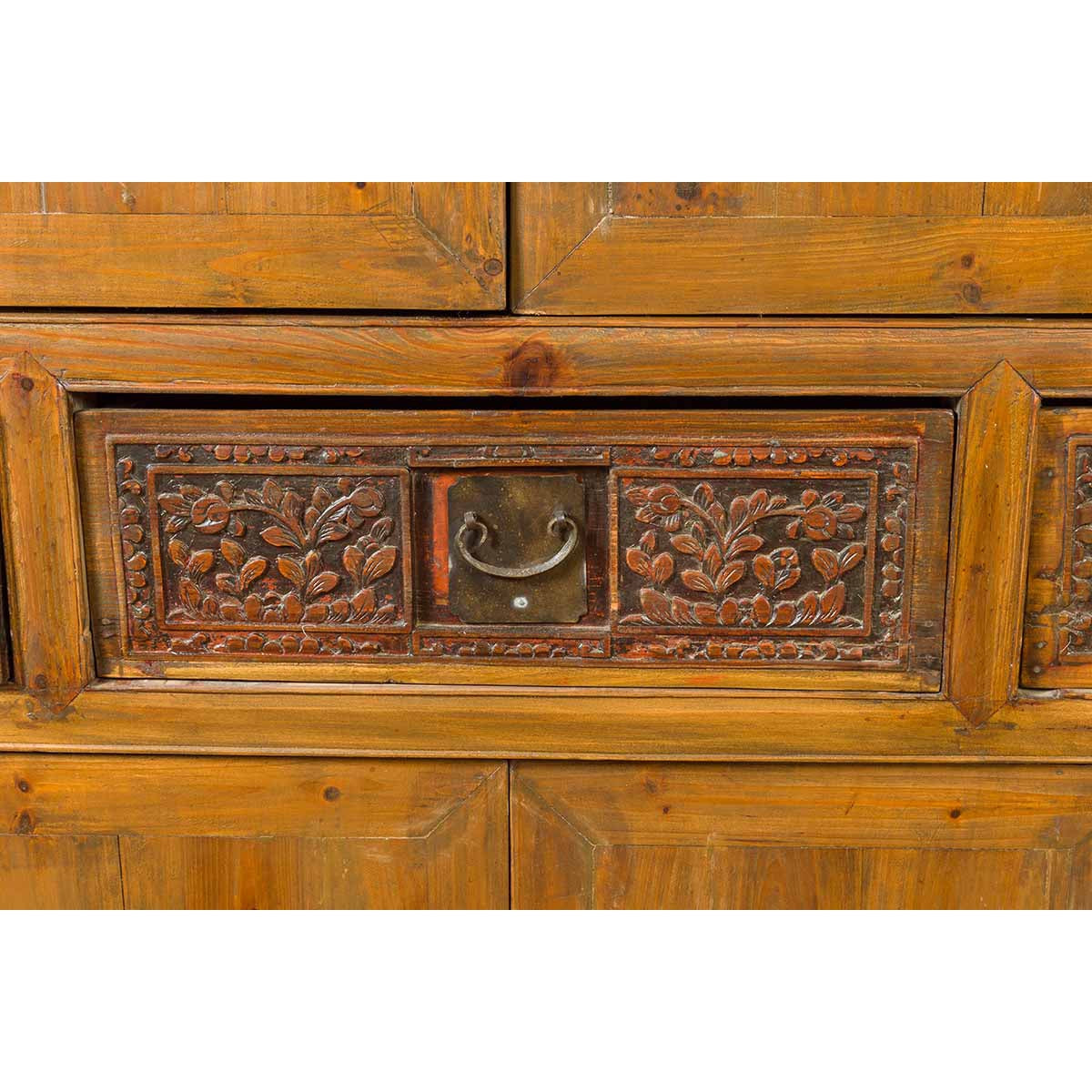 Large Chinese Qing Elm Armoire with Carved Motifs and Red Lacquered Accents-13. Asian & Chinese Furniture, Art, Antiques, Vintage Home Décor for sale at FEA Home