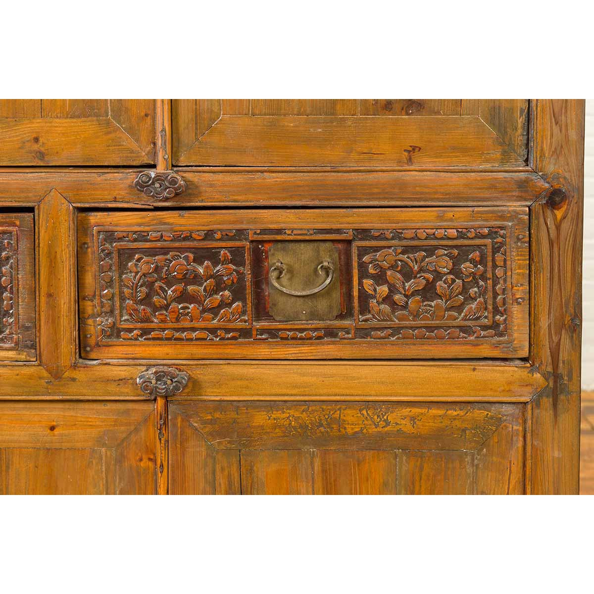 Large Chinese Qing Elm Armoire with Carved Motifs and Red Lacquered Accents-15. Asian & Chinese Furniture, Art, Antiques, Vintage Home Décor for sale at FEA Home