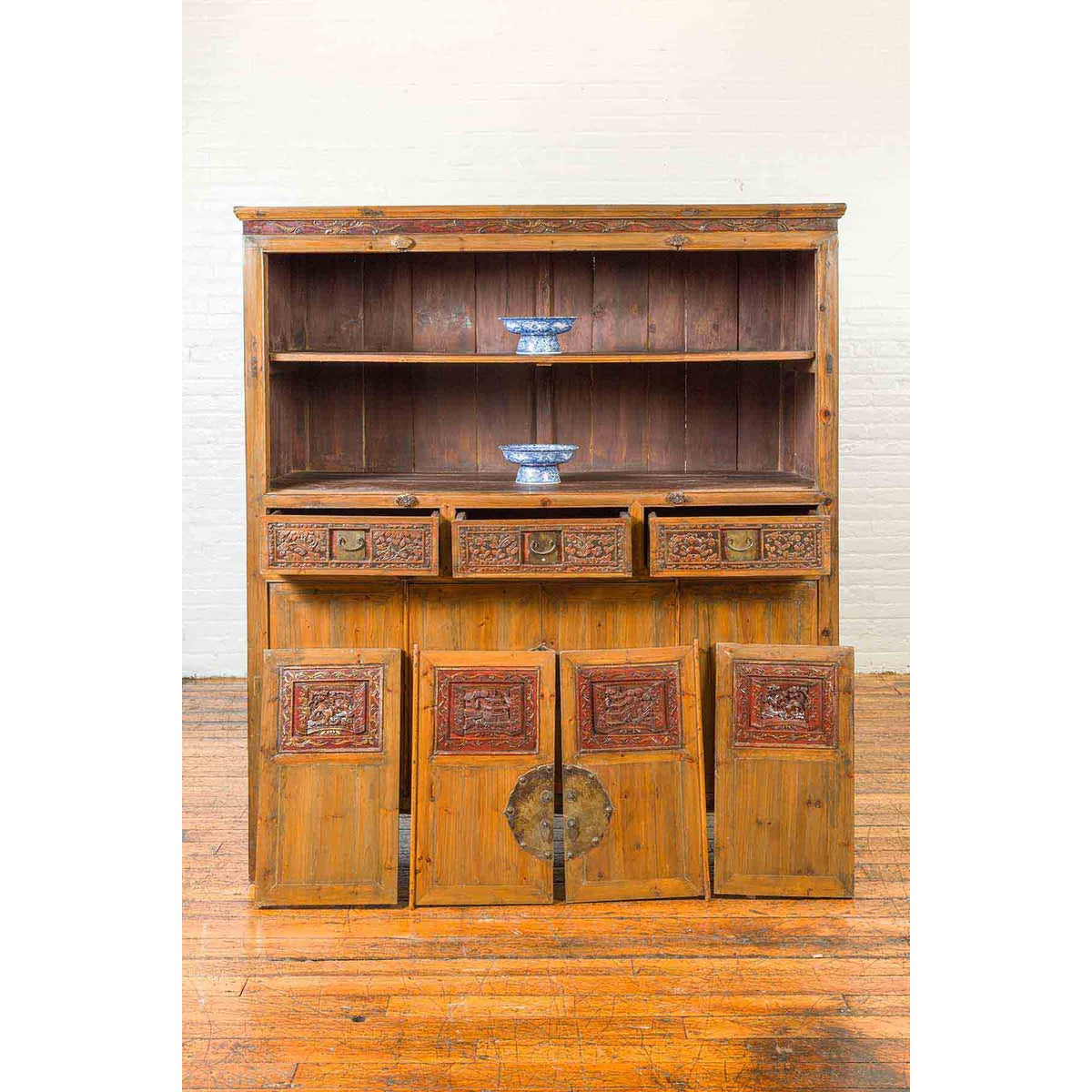 Large Chinese Qing Elm Armoire with Carved Motifs and Red Lacquered Accents-4. Asian & Chinese Furniture, Art, Antiques, Vintage Home Décor for sale at FEA Home