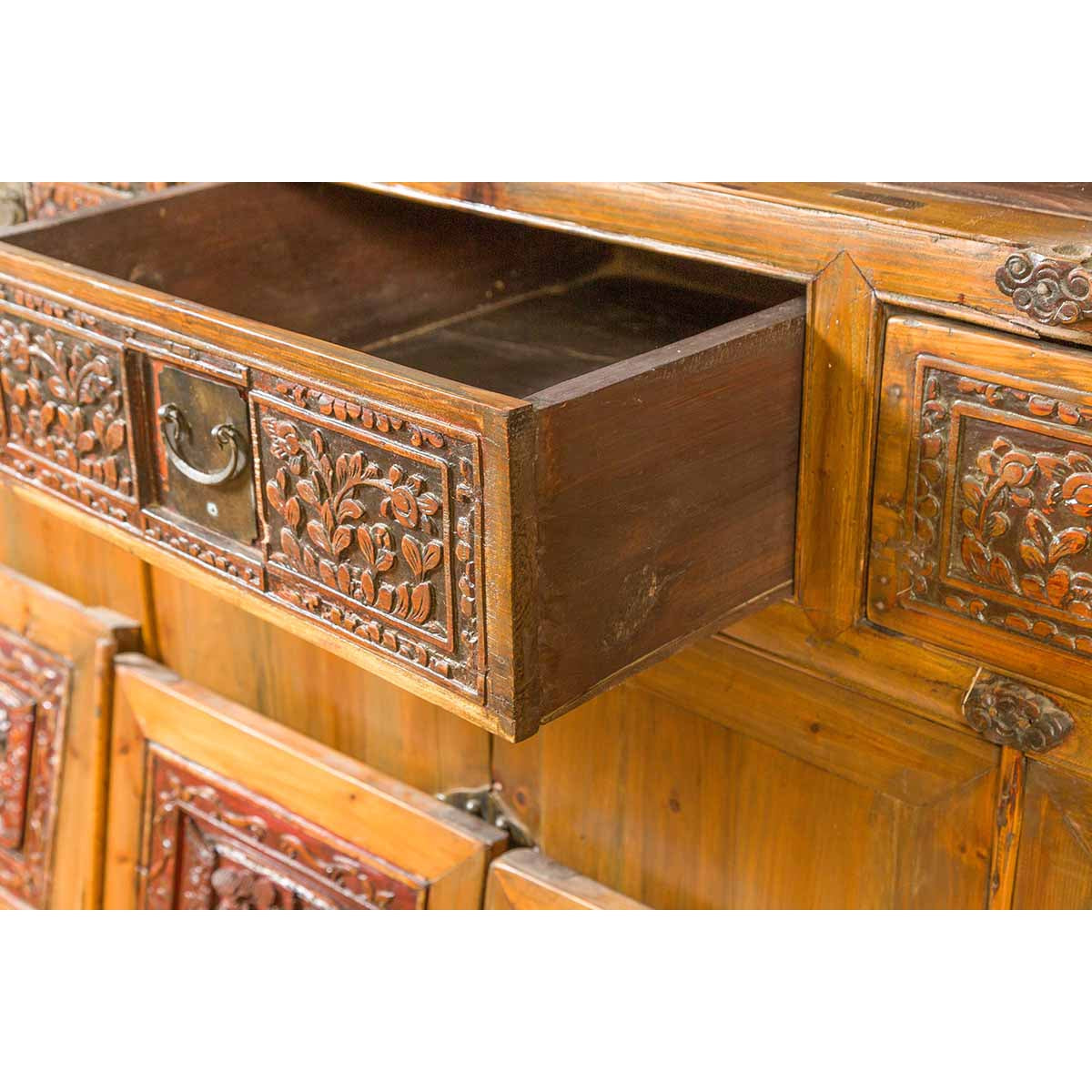 Large Chinese Qing Elm Armoire with Carved Motifs and Red Lacquered Accents-16. Asian & Chinese Furniture, Art, Antiques, Vintage Home Décor for sale at FEA Home