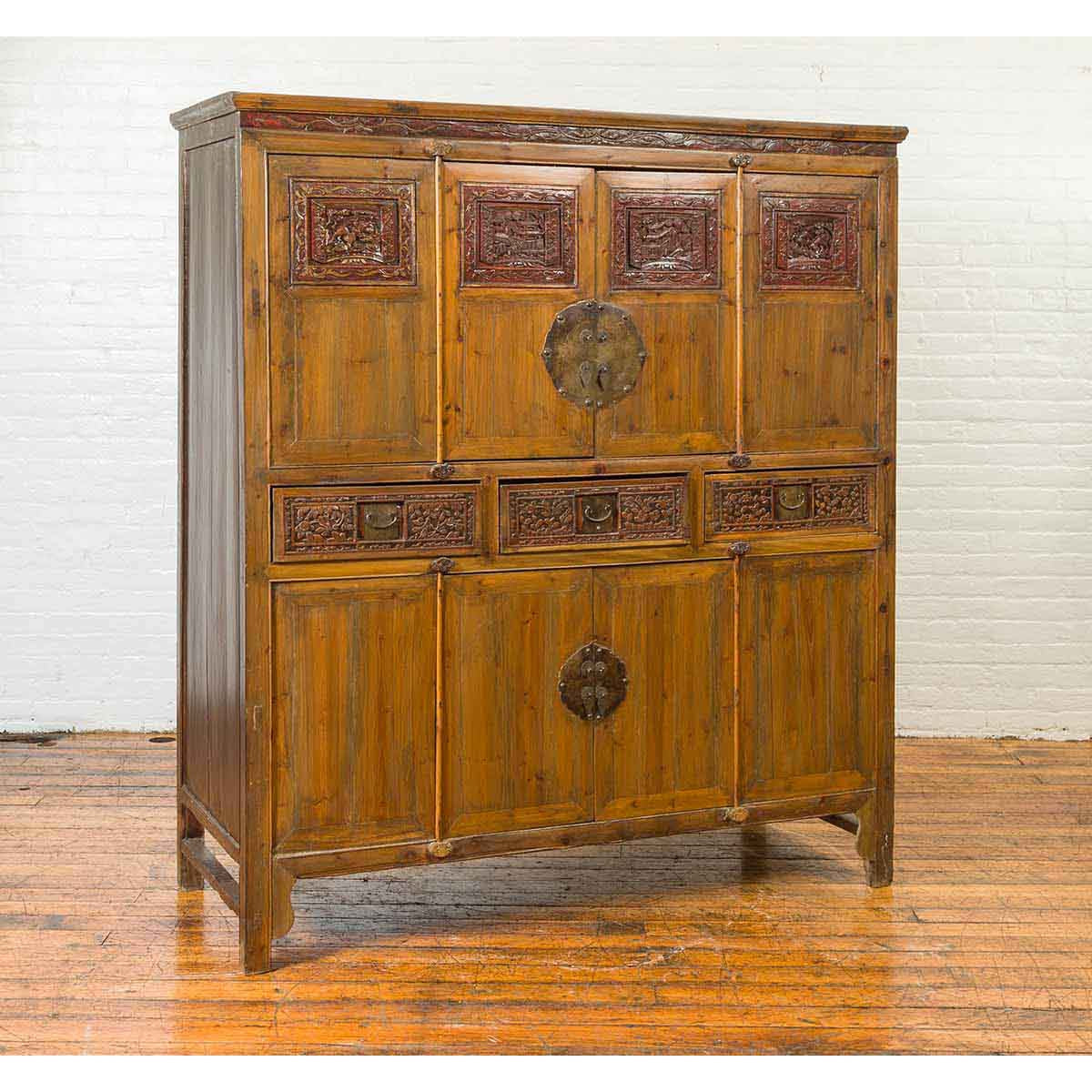 Large Chinese Qing Elm Armoire with Carved Motifs and Red Lacquered Accents-3. Asian & Chinese Furniture, Art, Antiques, Vintage Home Décor for sale at FEA Home