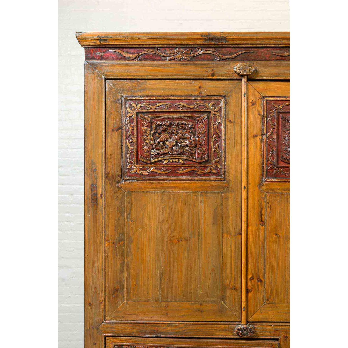 Large Chinese Qing Elm Armoire with Carved Motifs and Red Lacquered Accents-6. Asian & Chinese Furniture, Art, Antiques, Vintage Home Décor for sale at FEA Home