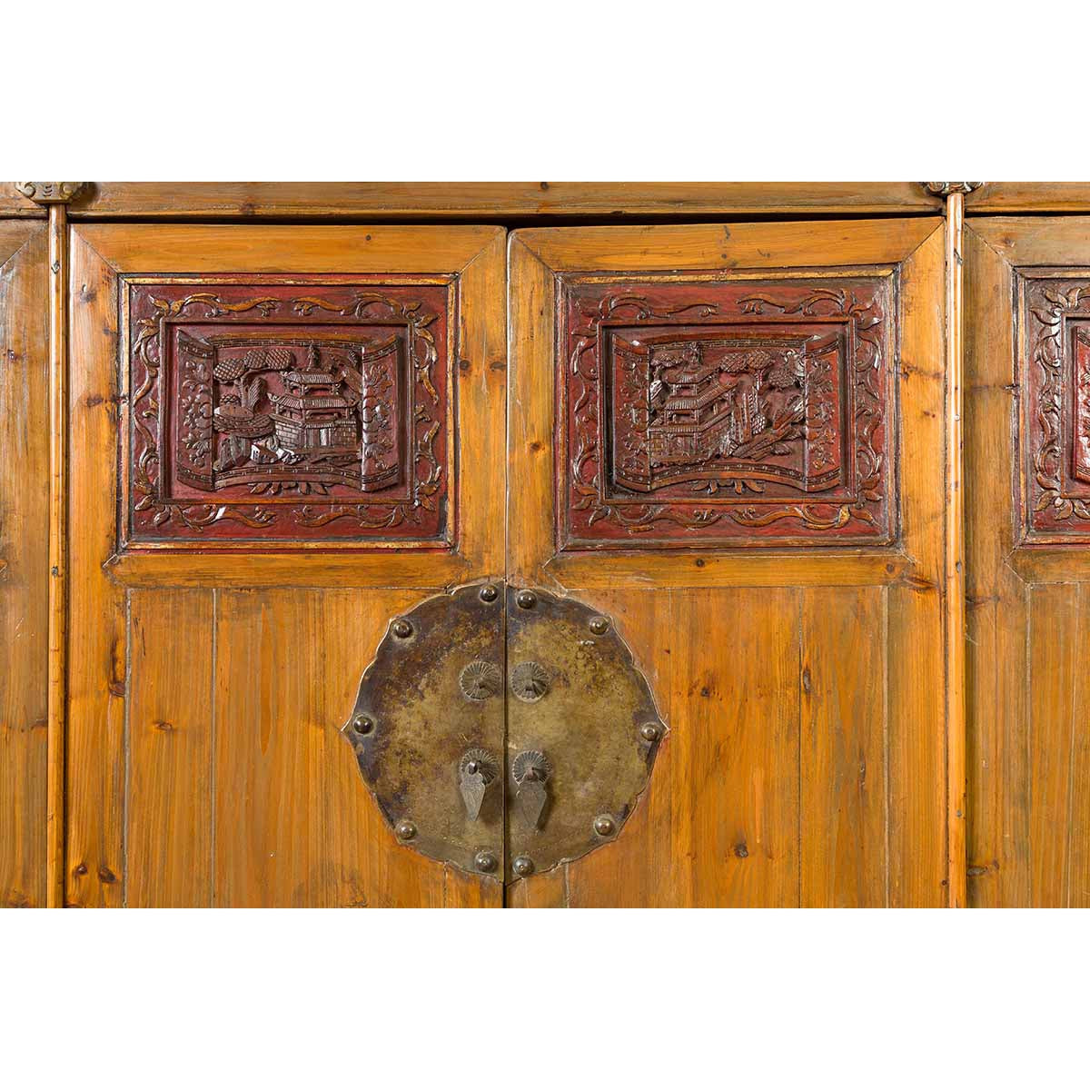 Large Chinese Qing Elm Armoire with Carved Motifs and Red Lacquered Accents-5. Asian & Chinese Furniture, Art, Antiques, Vintage Home Décor for sale at FEA Home
