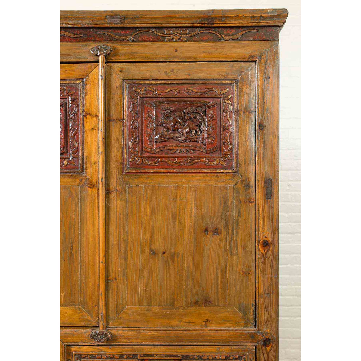 Large Chinese Qing Elm Armoire with Carved Motifs and Red Lacquered Accents-7. Asian & Chinese Furniture, Art, Antiques, Vintage Home Décor for sale at FEA Home