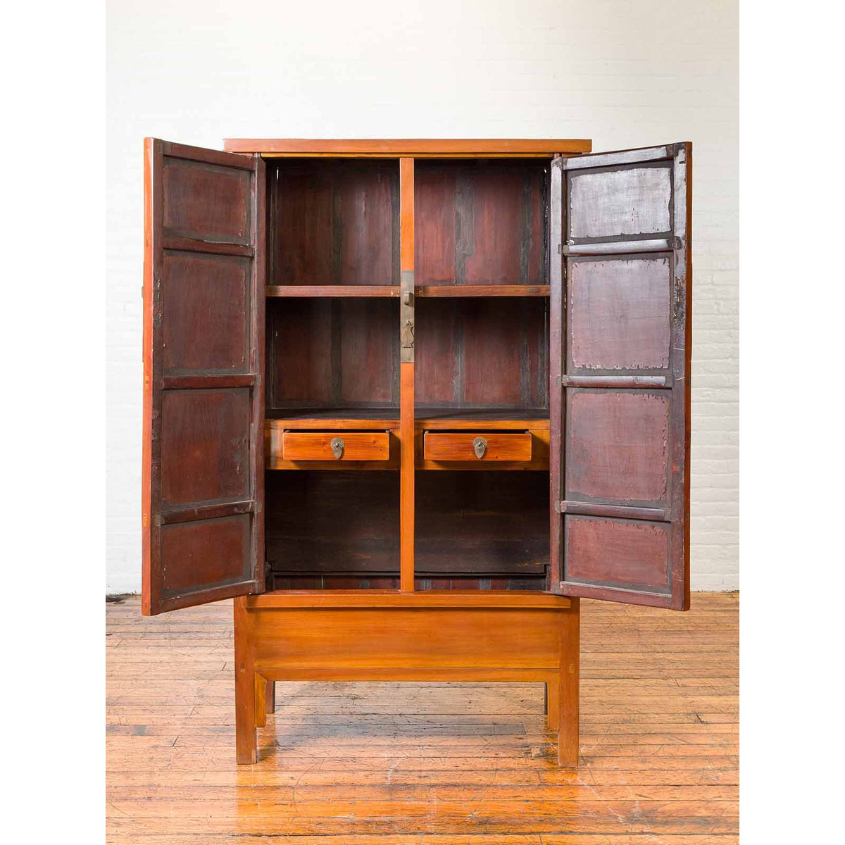 Chinese Qing Dynasty Elmwood Cabinet with Bronze Medallion and Inner Drawers-5. Asian & Chinese Furniture, Art, Antiques, Vintage Home Décor for sale at FEA Home