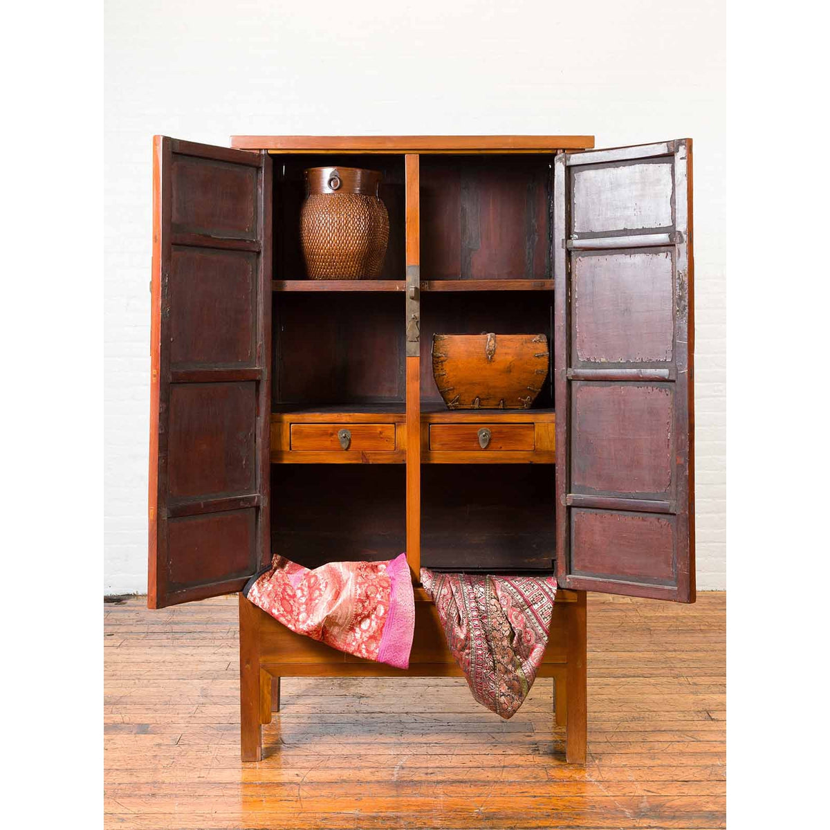 Chinese Qing Dynasty Elmwood Cabinet with Bronze Medallion and Inner Drawers-4. Asian & Chinese Furniture, Art, Antiques, Vintage Home Décor for sale at FEA Home