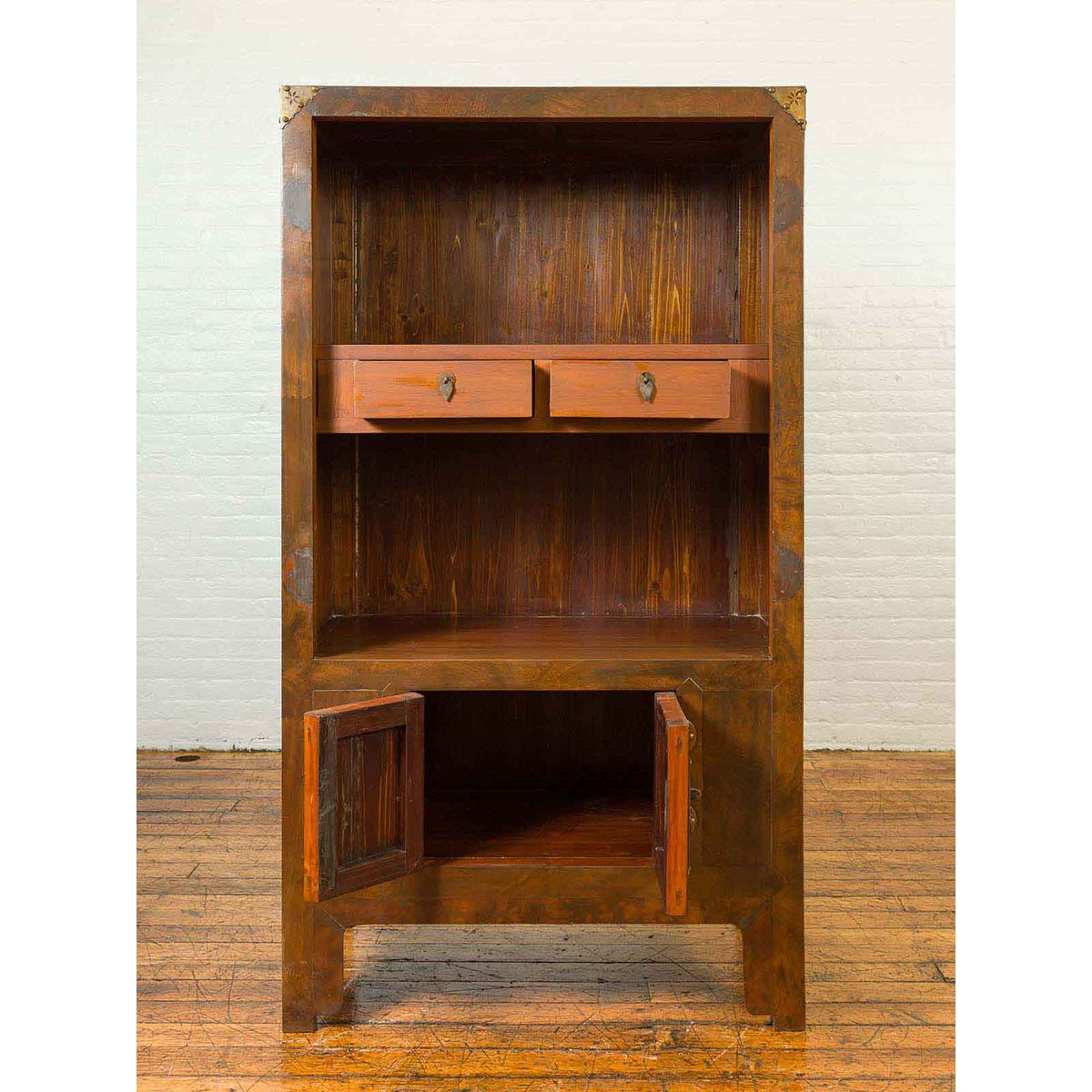 Chinese 19th Century Elmwood Bookcase with Doors, Drawers and Brass Hardware-3. Asian & Chinese Furniture, Art, Antiques, Vintage Home Décor for sale at FEA Home