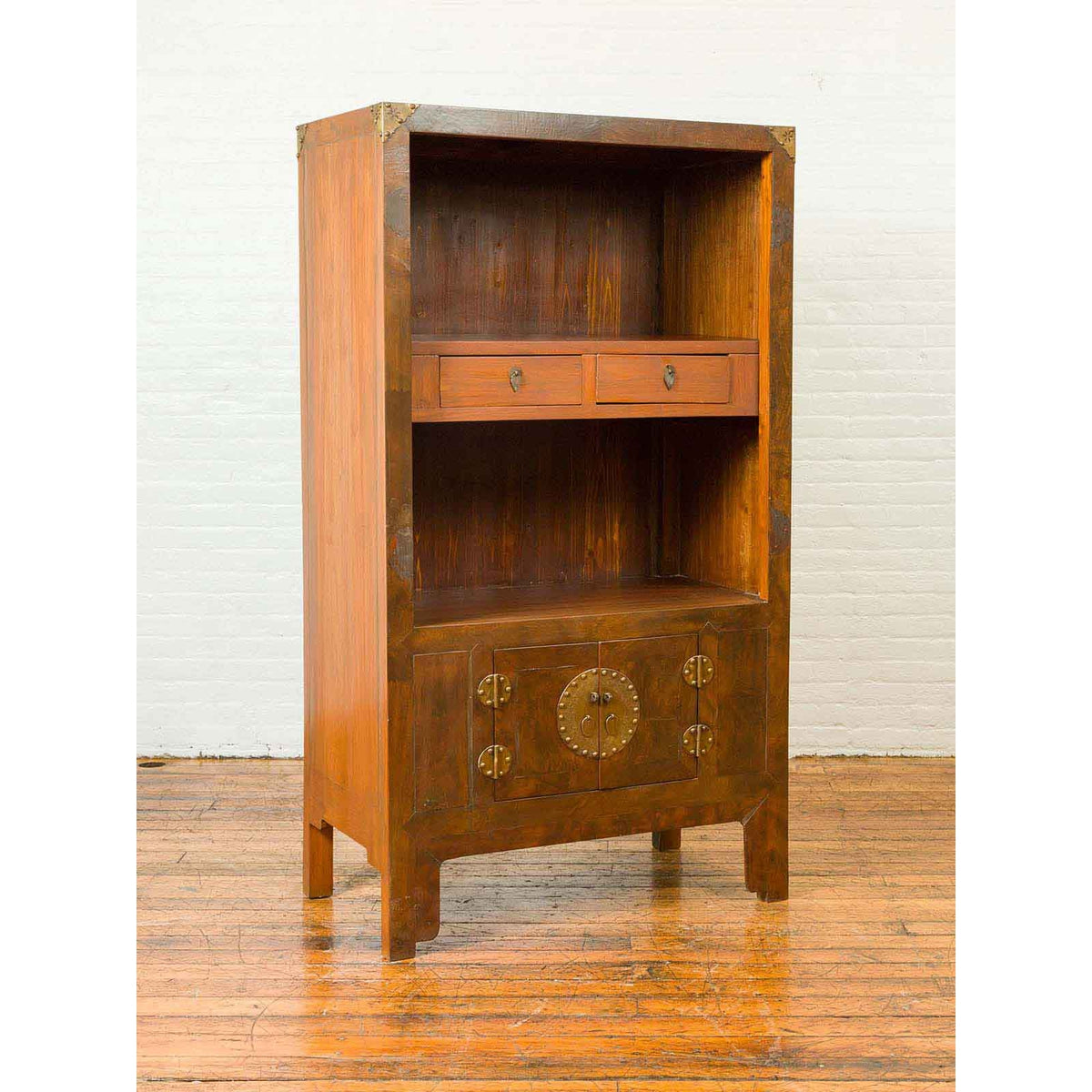 Chinese 19th Century Elmwood Bookcase with Doors, Drawers and Brass Hardware-5. Asian & Chinese Furniture, Art, Antiques, Vintage Home Décor for sale at FEA Home