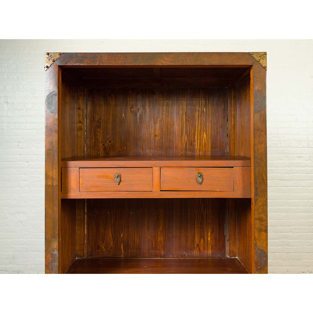 Chinese 19th Century Elmwood Bookcase with Doors, Drawers and Brass Hardware-6. Asian & Chinese Furniture, Art, Antiques, Vintage Home Décor for sale at FEA Home