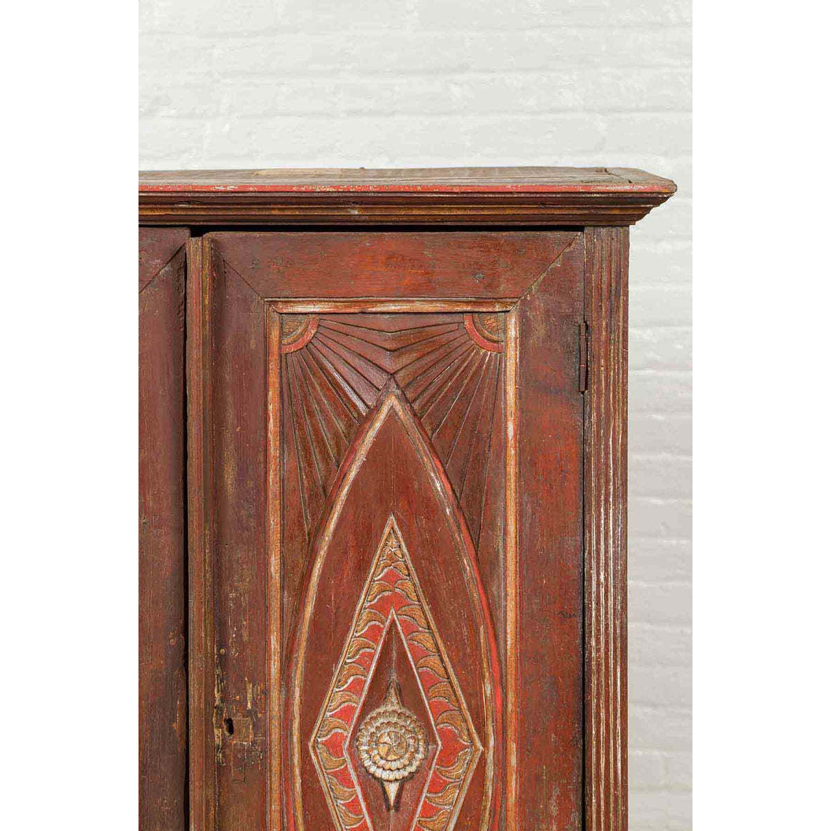 Antique Indonesian Wooden Cabinet with Carved and Painted Geometric Motifs-6. Asian & Chinese Furniture, Art, Antiques, Vintage Home Décor for sale at FEA Home
