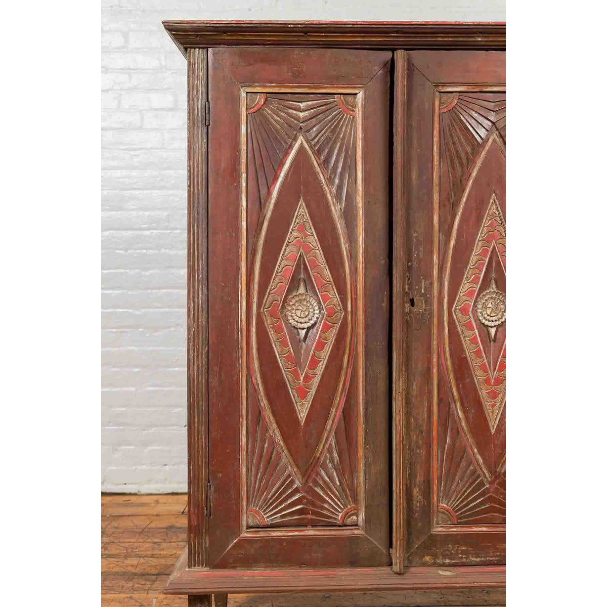 Antique Indonesian Wooden Cabinet with Carved and Painted Geometric Motifs-7. Asian & Chinese Furniture, Art, Antiques, Vintage Home Décor for sale at FEA Home