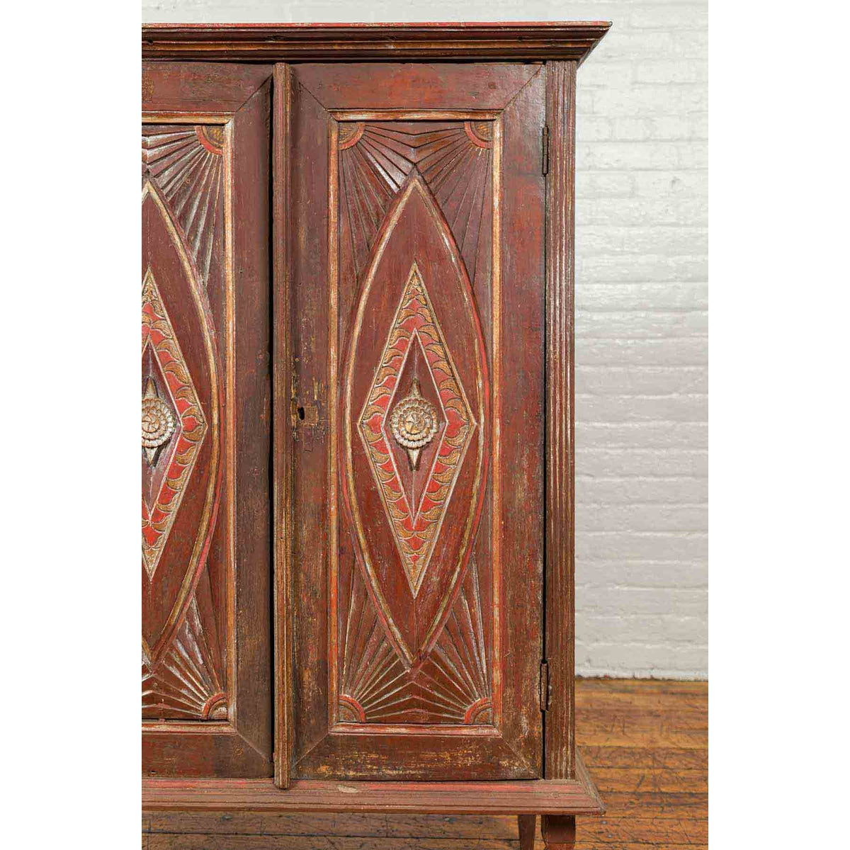 Antique Indonesian Wooden Cabinet with Carved and Painted Geometric Motifs-8. Asian & Chinese Furniture, Art, Antiques, Vintage Home Décor for sale at FEA Home