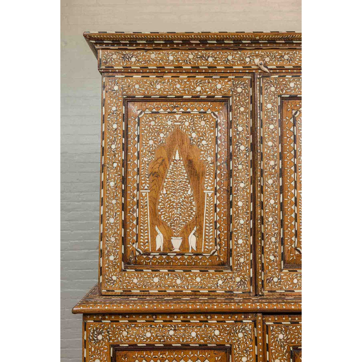 Vintage Anglo Indian Sheesham Wood Wardrobe Cabinet with Bone Inlay and Birds-7. Asian & Chinese Furniture, Art, Antiques, Vintage Home Décor for sale at FEA Home