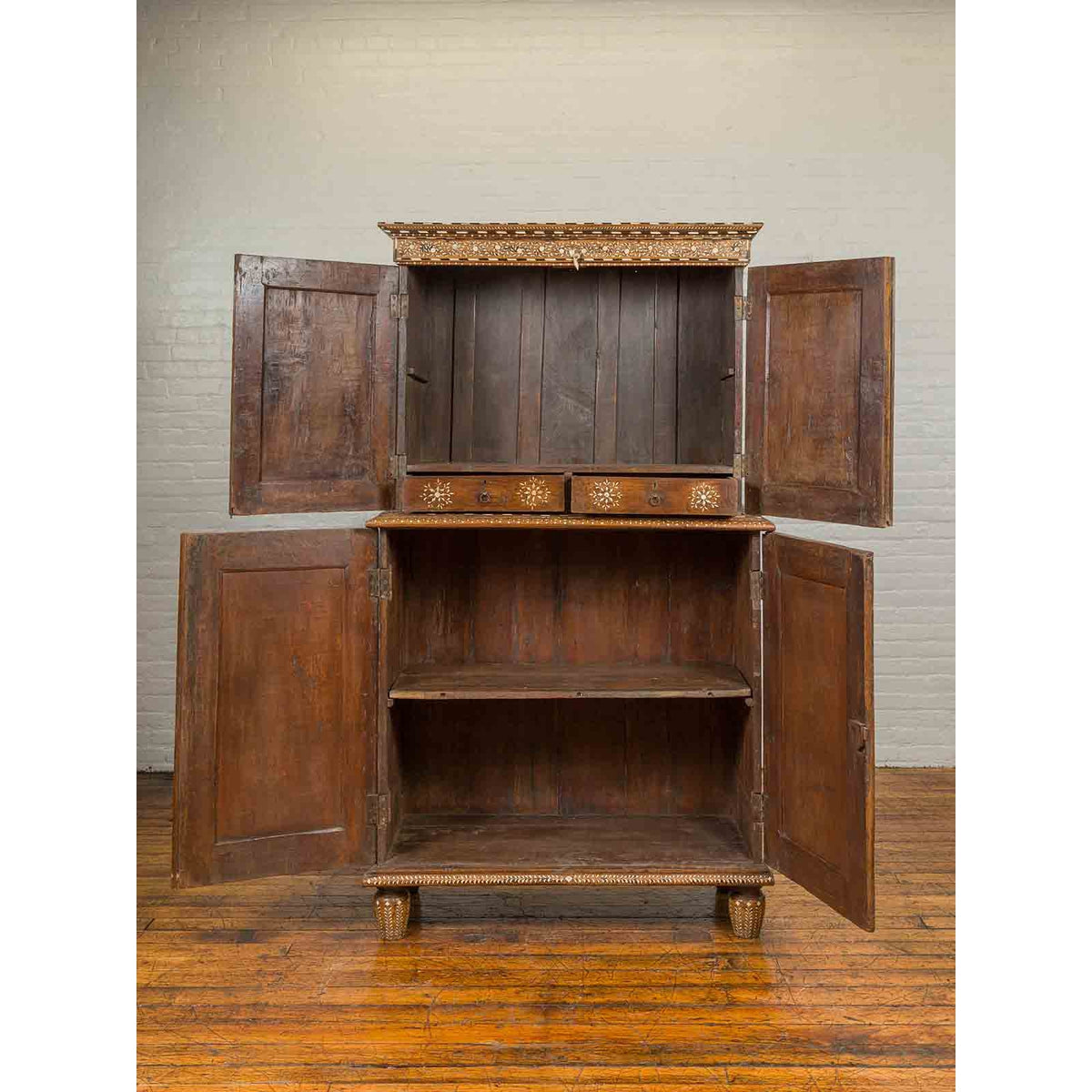 Vintage Anglo Indian Sheesham Wood Wardrobe Cabinet with Bone Inlay and Birds-4. Asian & Chinese Furniture, Art, Antiques, Vintage Home Décor for sale at FEA Home