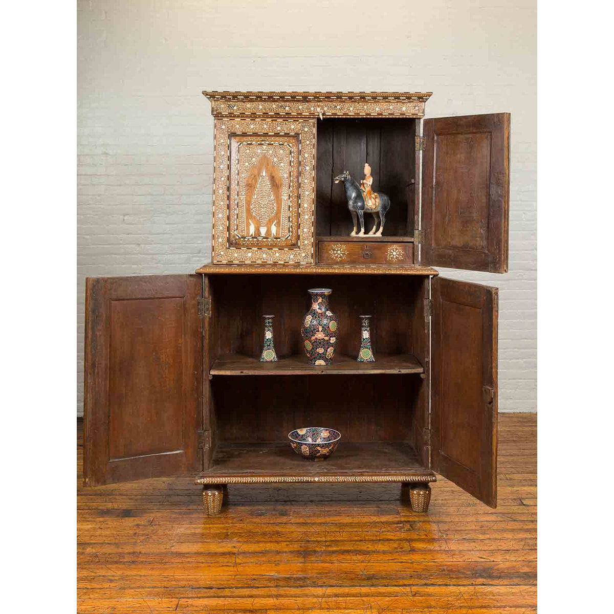 Vintage Anglo Indian Sheesham Wood Wardrobe Cabinet with Bone Inlay and Birds-3. Asian & Chinese Furniture, Art, Antiques, Vintage Home Décor for sale at FEA Home