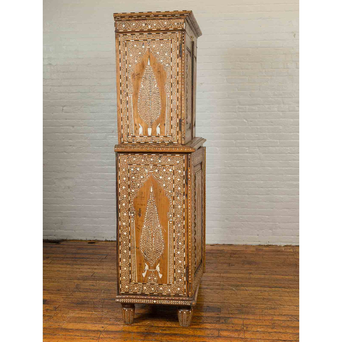 Vintage Anglo Indian Sheesham Wood Wardrobe Cabinet with Bone Inlay and Birds-17. Asian & Chinese Furniture, Art, Antiques, Vintage Home Décor for sale at FEA Home