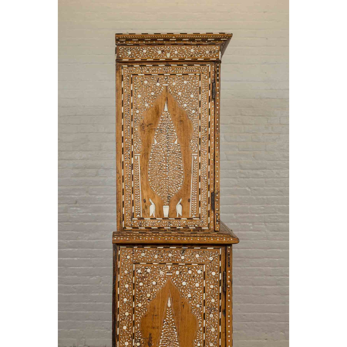 Vintage Anglo Indian Sheesham Wood Wardrobe Cabinet with Bone Inlay and Birds-12. Asian & Chinese Furniture, Art, Antiques, Vintage Home Décor for sale at FEA Home