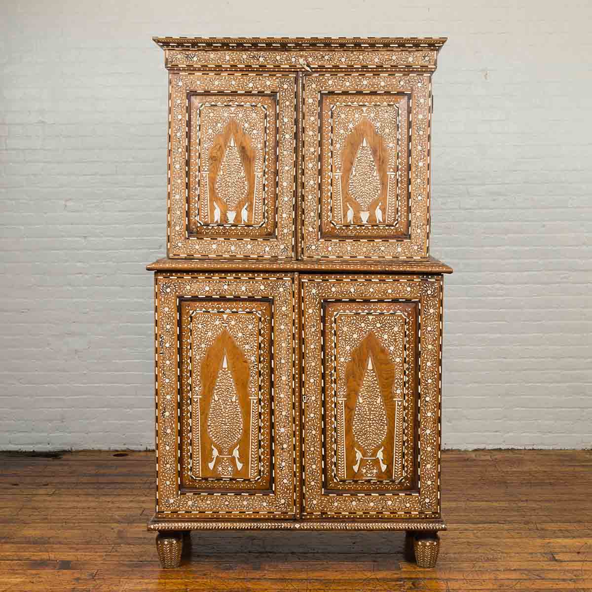 Vintage Anglo Indian Sheesham Wood Wardrobe Cabinet with Bone Inlay and Birds-2. Asian & Chinese Furniture, Art, Antiques, Vintage Home Décor for sale at FEA Home