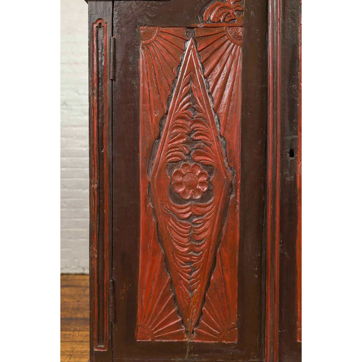 Dutch Colonial Late 19th Century Bonnet Top Cabinet with Carved Doors and Apron-10. Asian & Chinese Furniture, Art, Antiques, Vintage Home Décor for sale at FEA Home