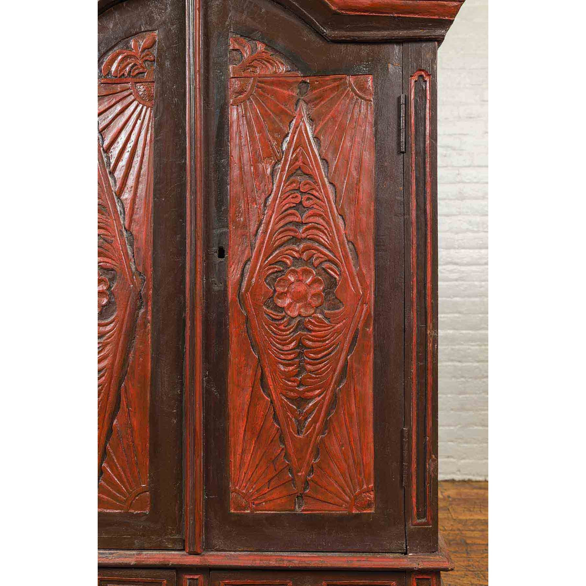 Dutch Colonial Late 19th Century Bonnet Top Cabinet with Carved Doors and Apron-11. Asian & Chinese Furniture, Art, Antiques, Vintage Home Décor for sale at FEA Home