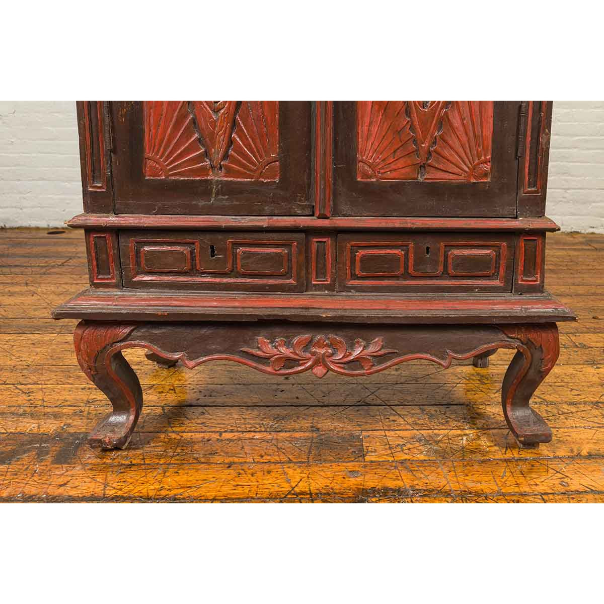 Dutch Colonial Late 19th Century Bonnet Top Cabinet with Carved Doors and Apron-12. Asian & Chinese Furniture, Art, Antiques, Vintage Home Décor for sale at FEA Home