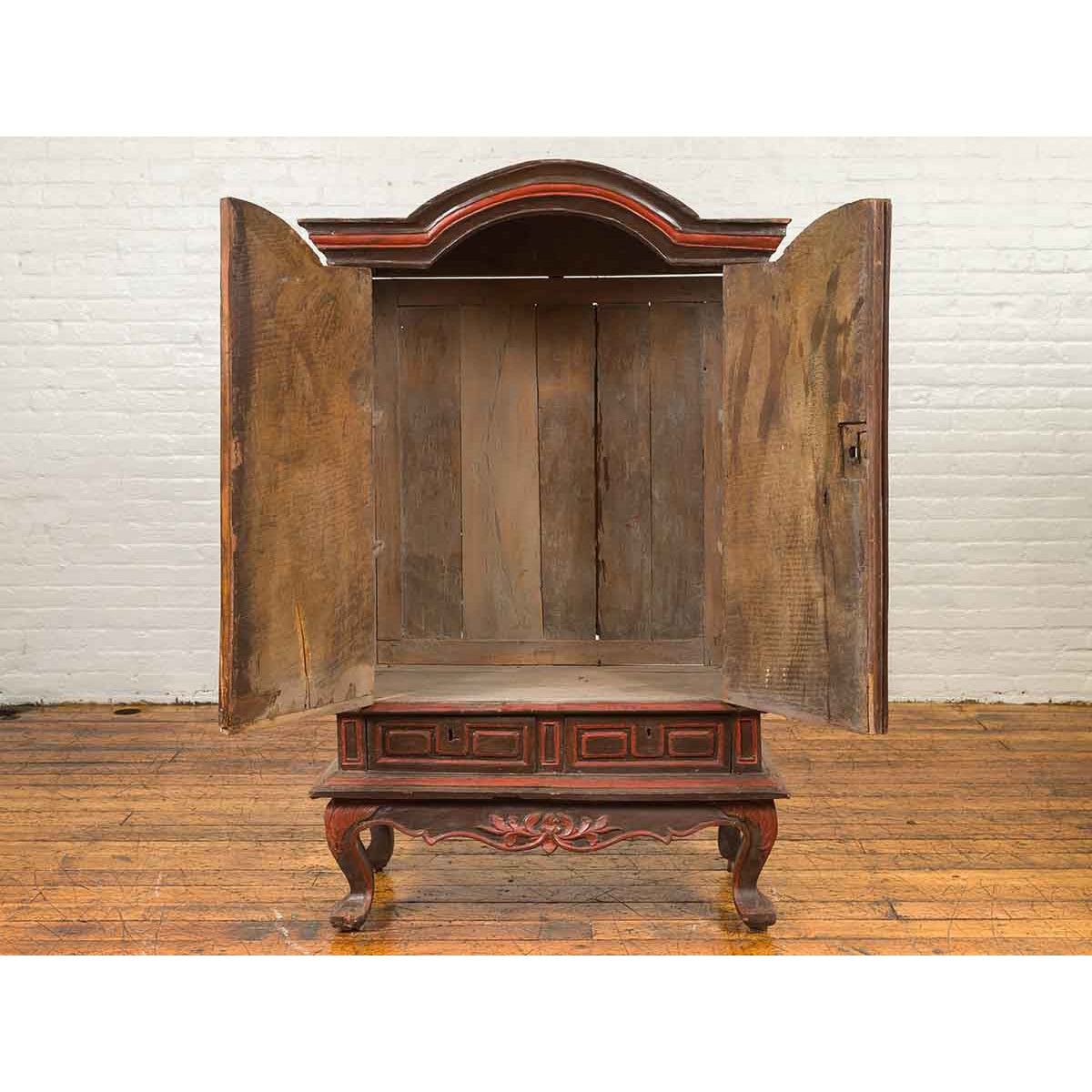 Dutch Colonial Late 19th Century Bonnet Top Cabinet with Carved Doors and Apron-13. Asian & Chinese Furniture, Art, Antiques, Vintage Home Décor for sale at FEA Home