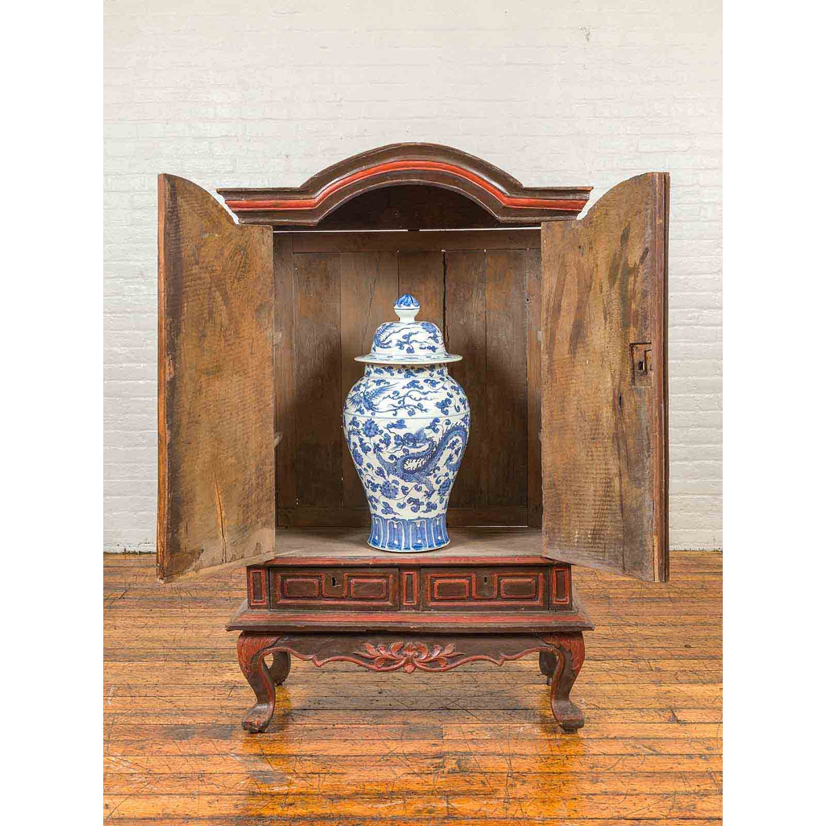 Dutch Colonial Late 19th Century Bonnet Top Cabinet with Carved Doors and Apron-4. Asian & Chinese Furniture, Art, Antiques, Vintage Home Décor for sale at FEA Home