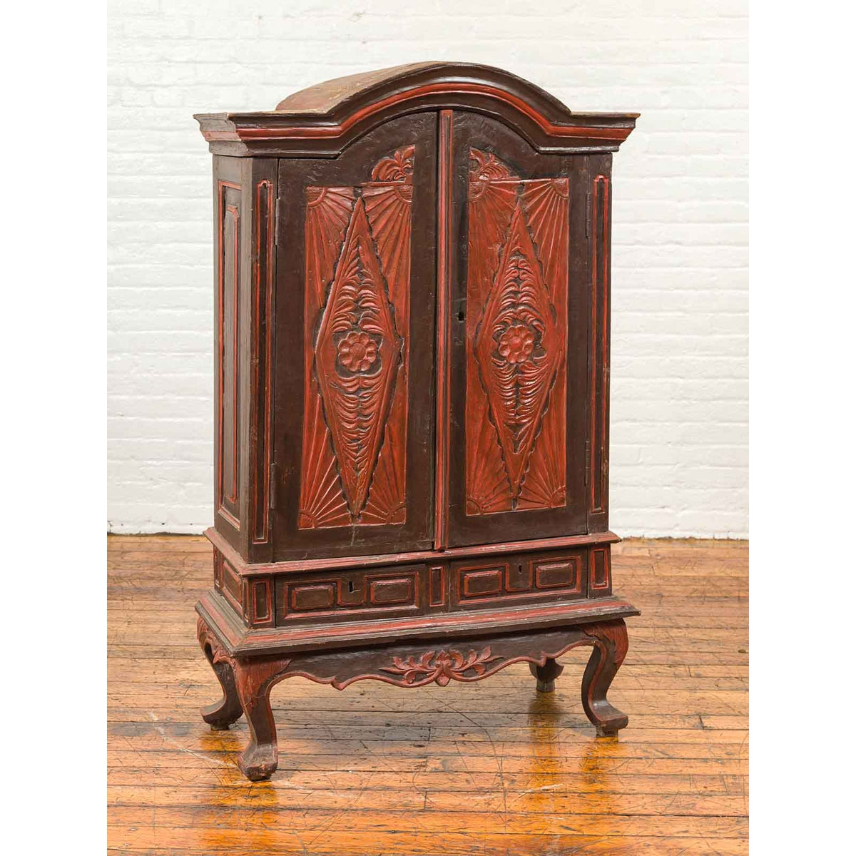 Dutch Colonial Late 19th Century Bonnet Top Cabinet with Carved Doors and Apron-3. Asian & Chinese Furniture, Art, Antiques, Vintage Home Décor for sale at FEA Home