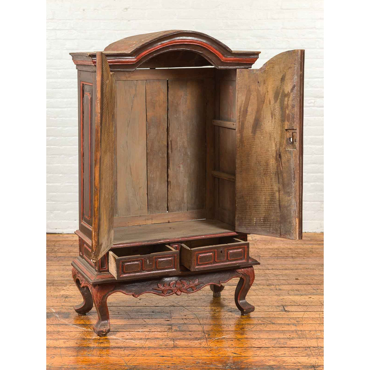 Dutch Colonial Late 19th Century Bonnet Top Cabinet with Carved Doors and Apron-14. Asian & Chinese Furniture, Art, Antiques, Vintage Home Décor for sale at FEA Home