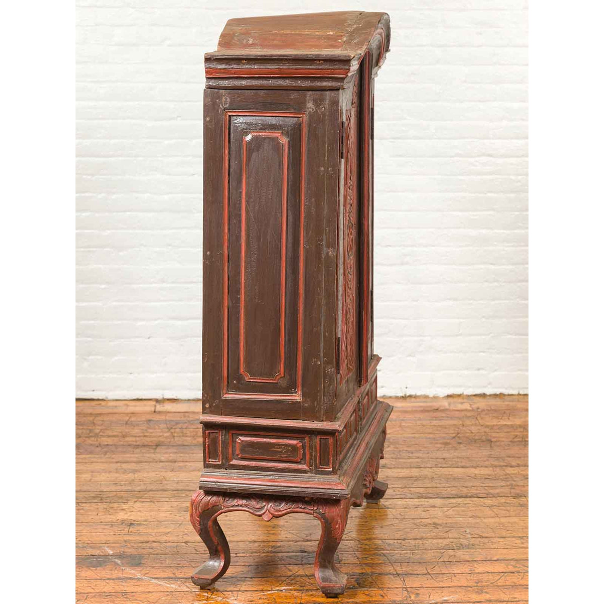 Dutch Colonial Late 19th Century Bonnet Top Cabinet with Carved Doors and Apron-16. Asian & Chinese Furniture, Art, Antiques, Vintage Home Décor for sale at FEA Home