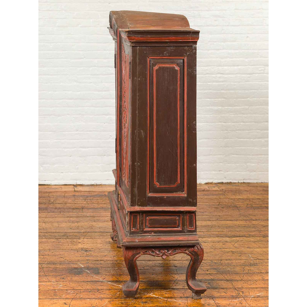 Dutch Colonial Late 19th Century Bonnet Top Cabinet with Carved Doors and Apron-17. Asian & Chinese Furniture, Art, Antiques, Vintage Home Décor for sale at FEA Home