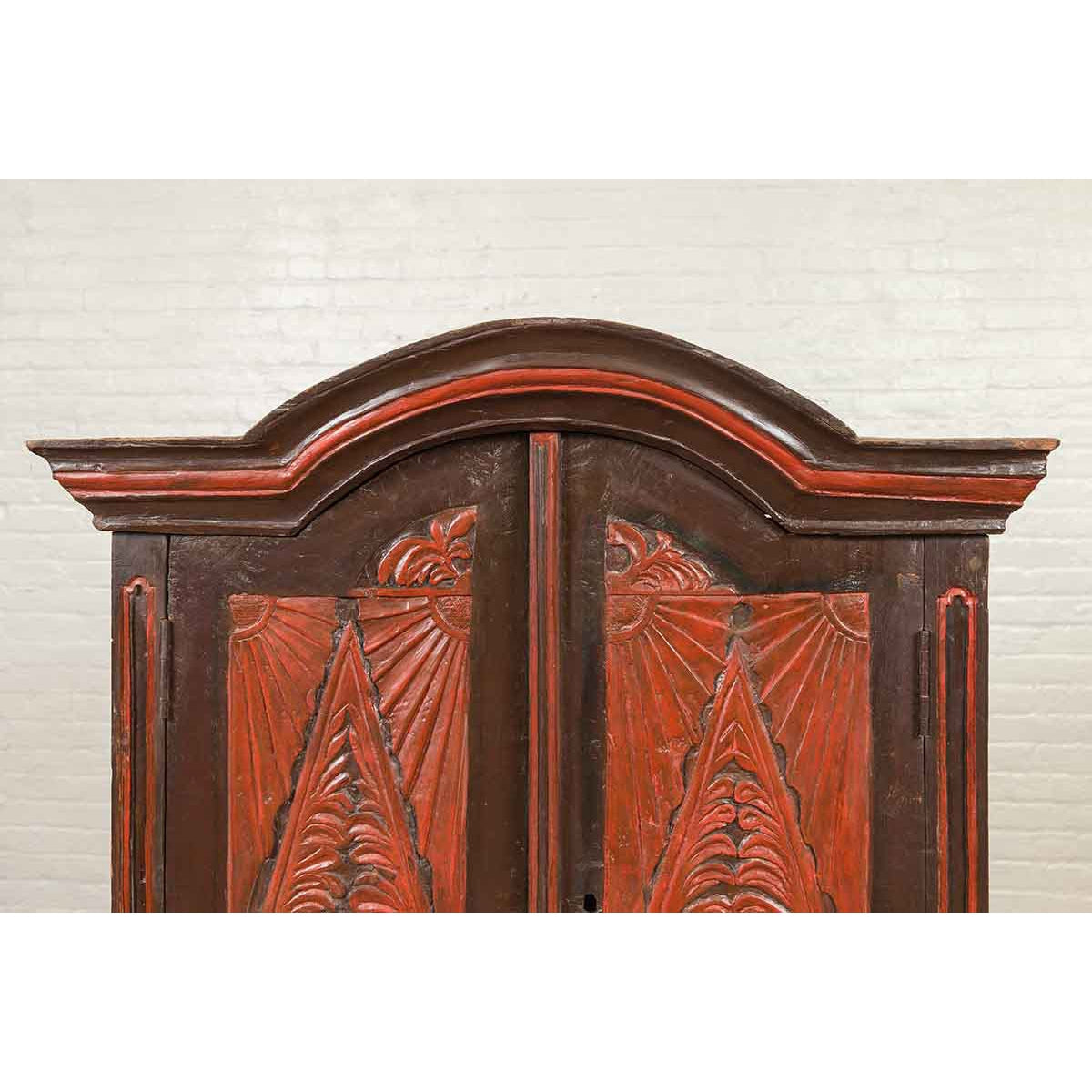 Dutch Colonial Late 19th Century Bonnet Top Cabinet with Carved Doors and Apron-7. Asian & Chinese Furniture, Art, Antiques, Vintage Home Décor for sale at FEA Home