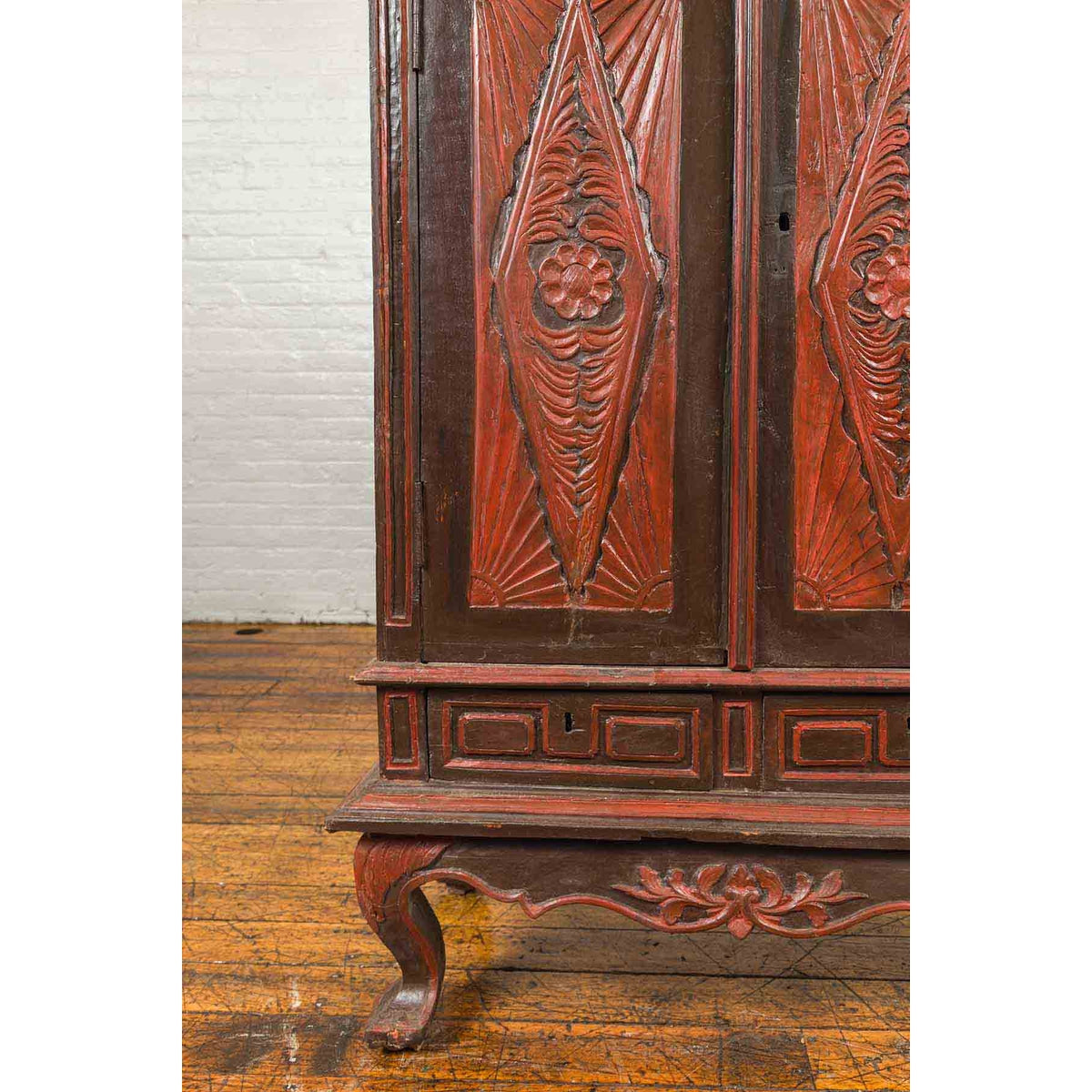 Dutch Colonial Late 19th Century Bonnet Top Cabinet with Carved Doors and Apron-8. Asian & Chinese Furniture, Art, Antiques, Vintage Home Décor for sale at FEA Home