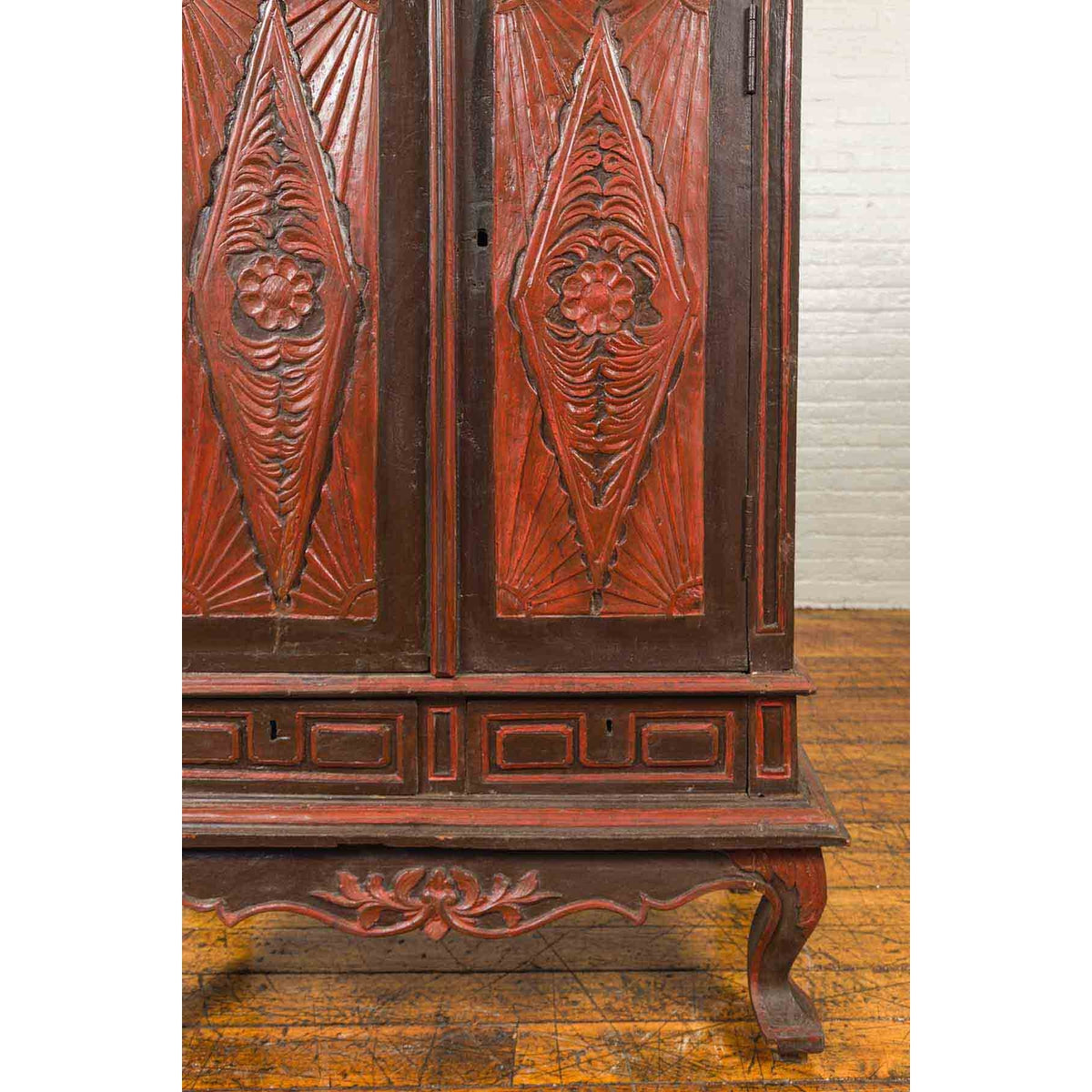 Dutch Colonial Late 19th Century Bonnet Top Cabinet with Carved Doors and Apron-9. Asian & Chinese Furniture, Art, Antiques, Vintage Home Décor for sale at FEA Home