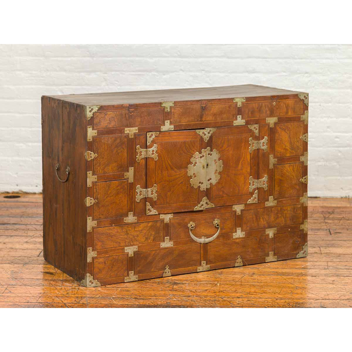 Korean Side Cabinet with Geometric Façade, Brass Hardware and Double Doors-3. Asian & Chinese Furniture, Art, Antiques, Vintage Home Décor for sale at FEA Home