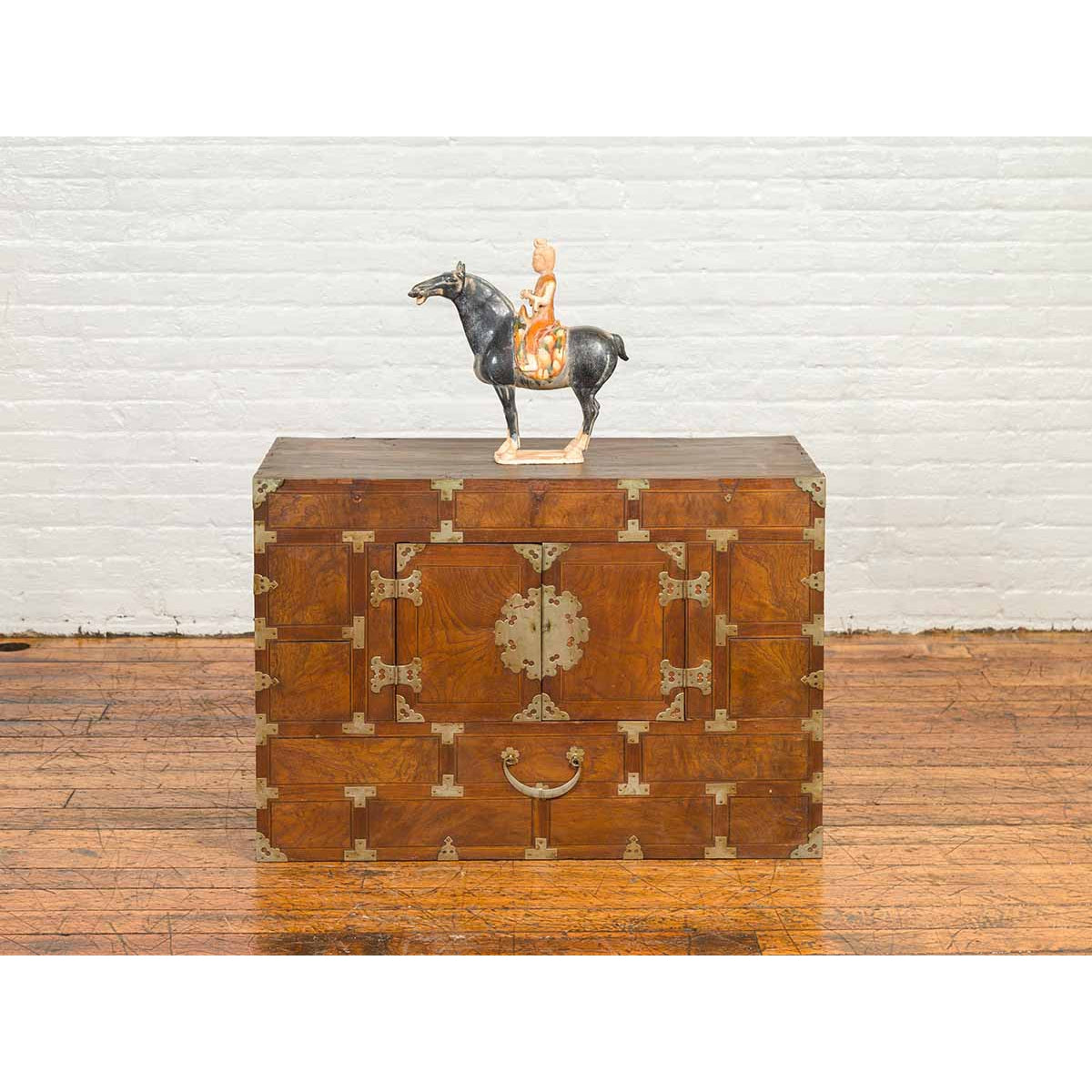 Korean Side Cabinet with Geometric Façade, Brass Hardware and Double Doors-4. Asian & Chinese Furniture, Art, Antiques, Vintage Home Décor for sale at FEA Home
