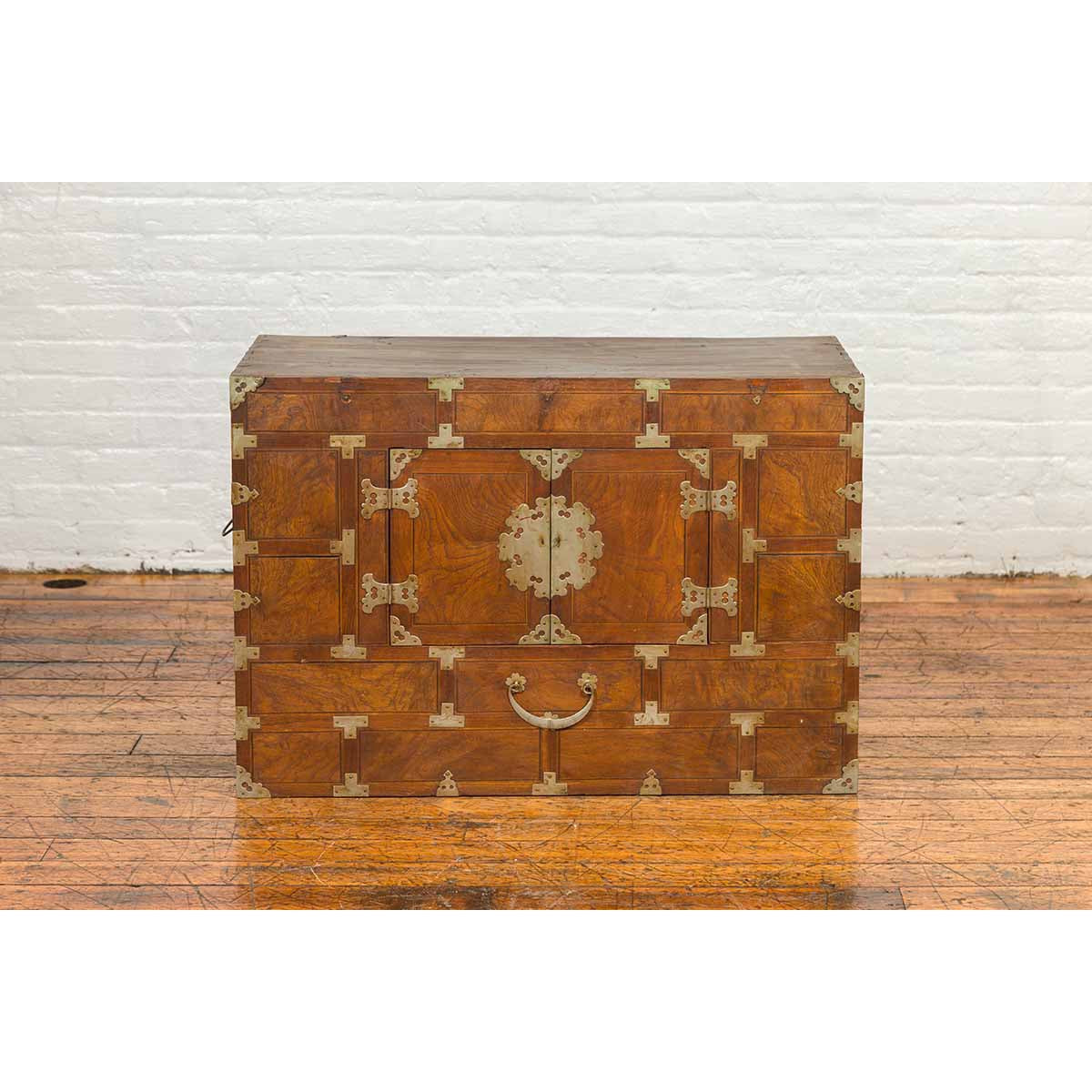 Korean Side Cabinet with Geometric Façade, Brass Hardware and Double Doors-18. Asian & Chinese Furniture, Art, Antiques, Vintage Home Décor for sale at FEA Home