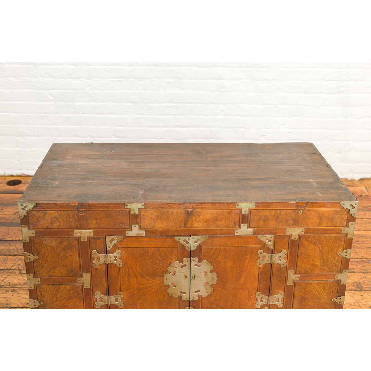 Korean Side Cabinet with Geometric Façade, Brass Hardware and Double Doors-5. Asian & Chinese Furniture, Art, Antiques, Vintage Home Décor for sale at FEA Home