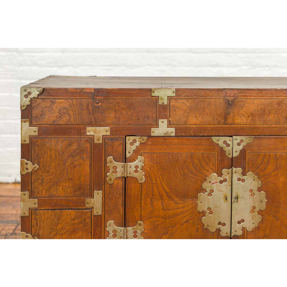 Korean Side Cabinet with Geometric Façade, Brass Hardware and Double Doors-6. Asian & Chinese Furniture, Art, Antiques, Vintage Home Décor for sale at FEA Home