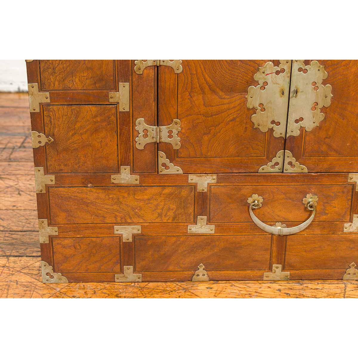 Korean Side Cabinet with Geometric Façade, Brass Hardware and Double Doors-8. Asian & Chinese Furniture, Art, Antiques, Vintage Home Décor for sale at FEA Home