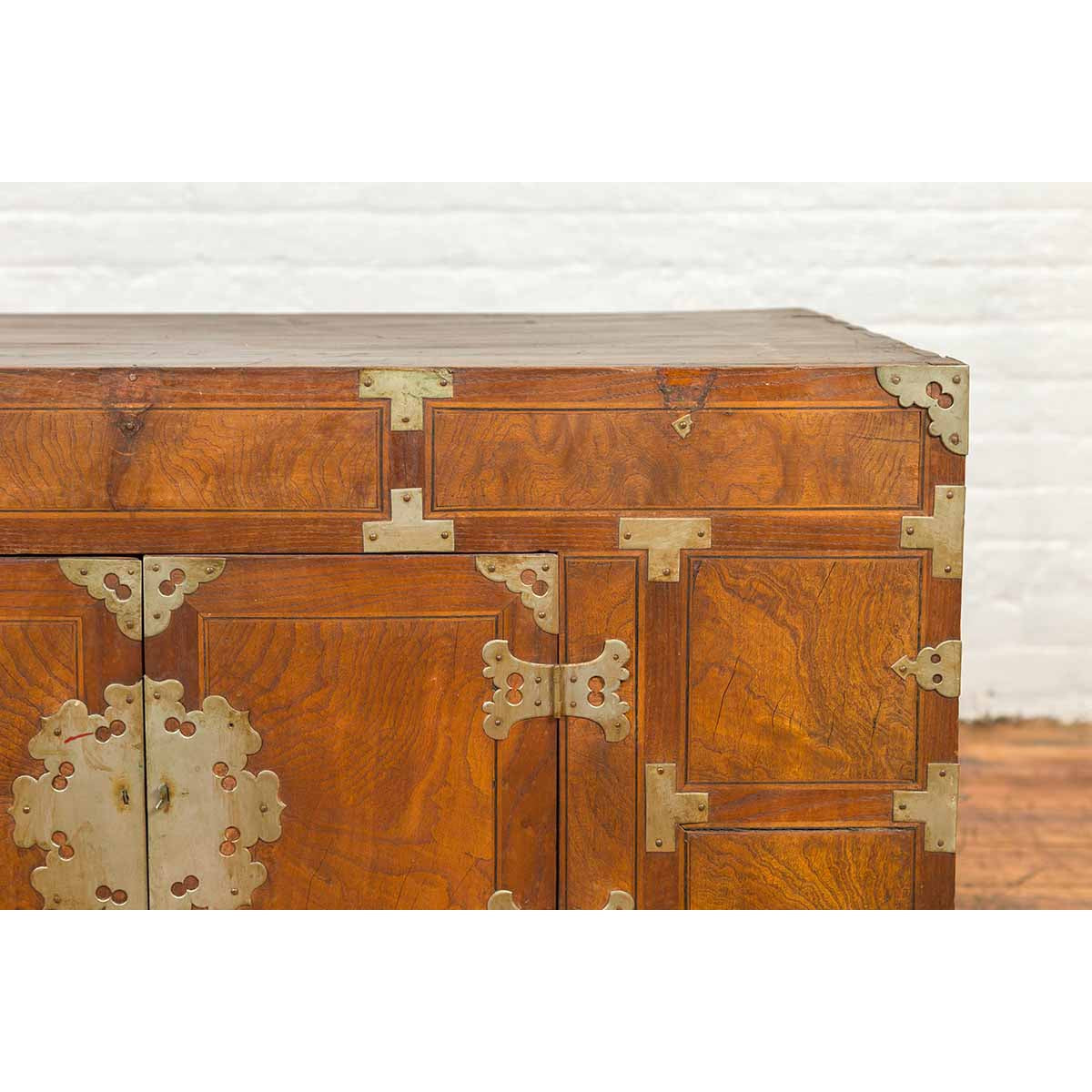 Korean Side Cabinet with Geometric Façade, Brass Hardware and Double Doors-7. Asian & Chinese Furniture, Art, Antiques, Vintage Home Décor for sale at FEA Home